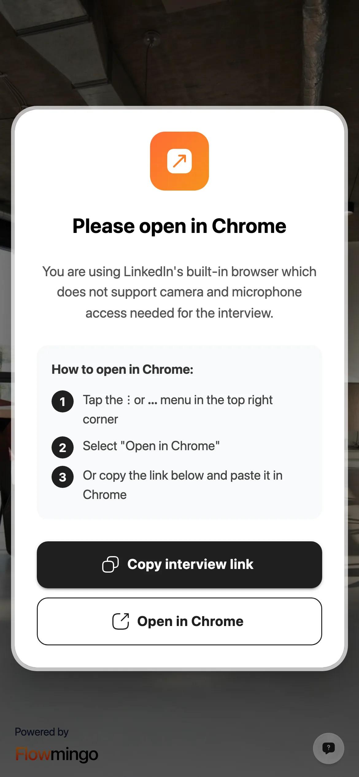 The Please open in Chrome screen shown inside the LinkedIn app