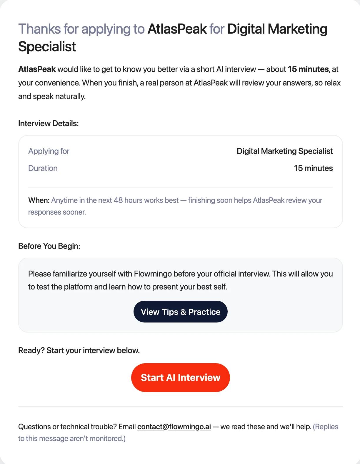 The Flowmingo interview invitation email, sent on behalf of the company