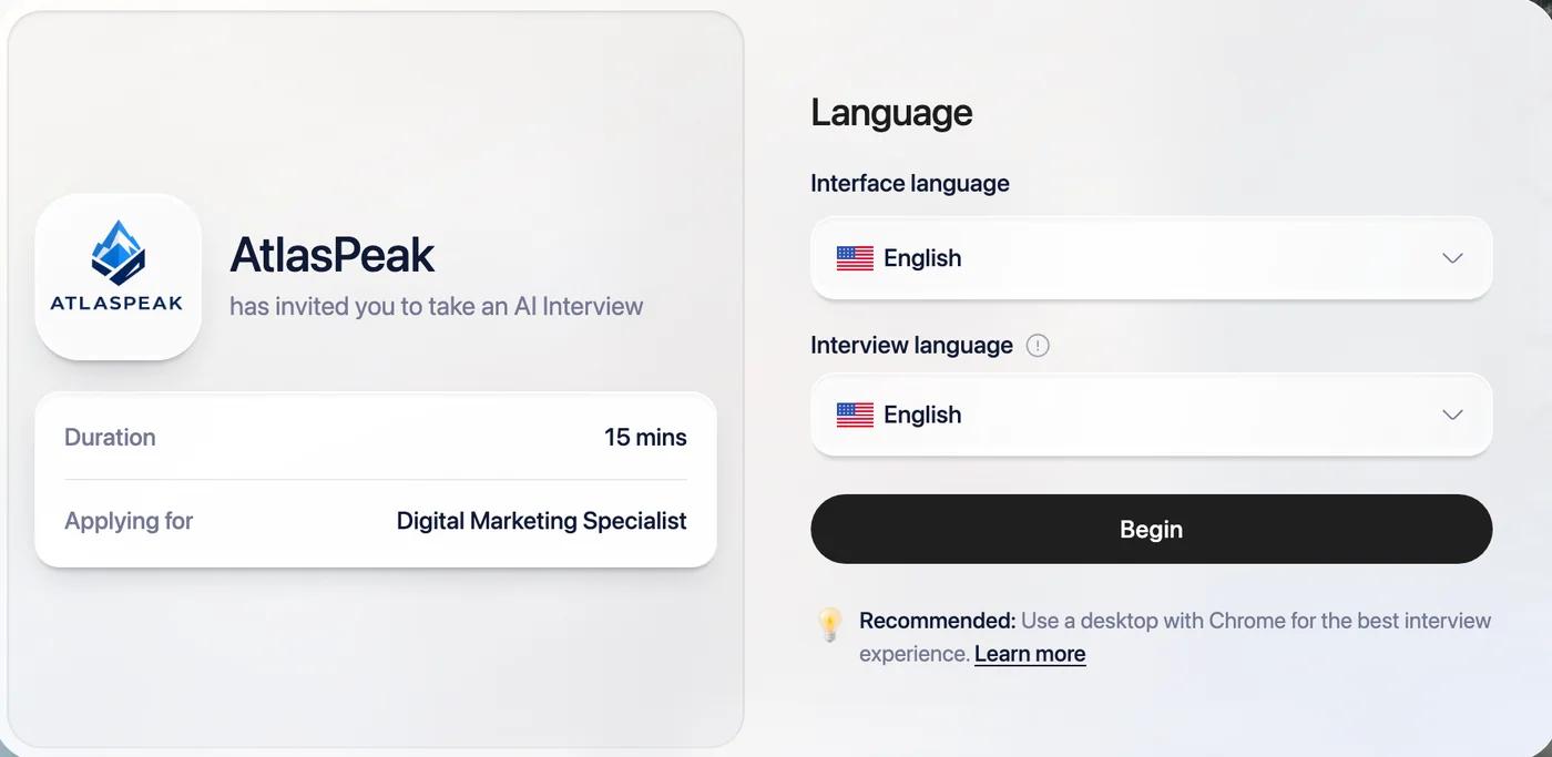 The first screen of a Flowmingo interview, with the company, the duration and the language choice