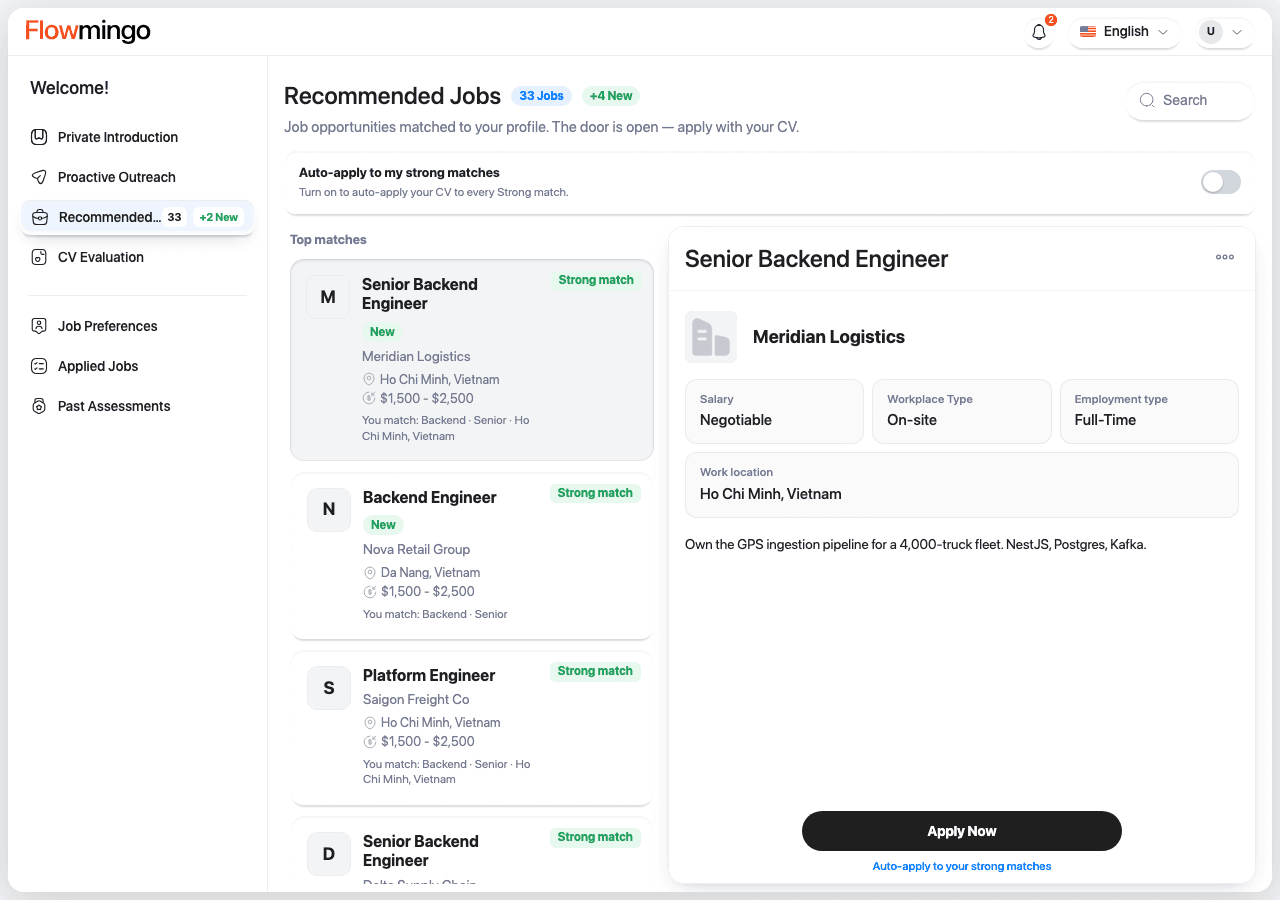 Recommended jobs in the candidate portal, matched to your CV