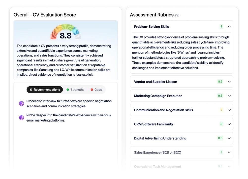 A CV Evaluation report: overall score and the assessment rubrics behind it