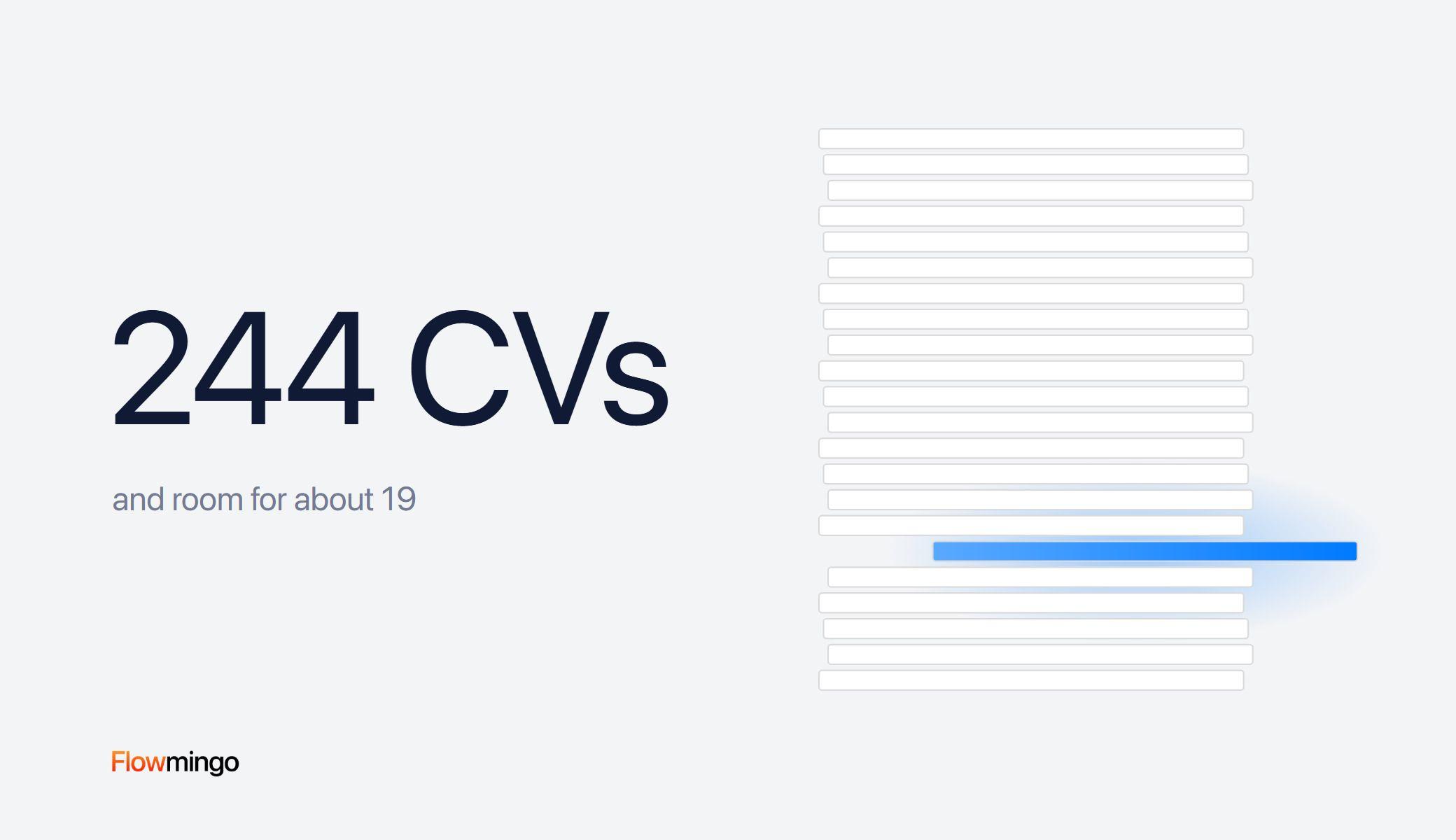 Candidate shortlisting: 1 strong CV lit up and sliding out from deep in a tall pile of applications