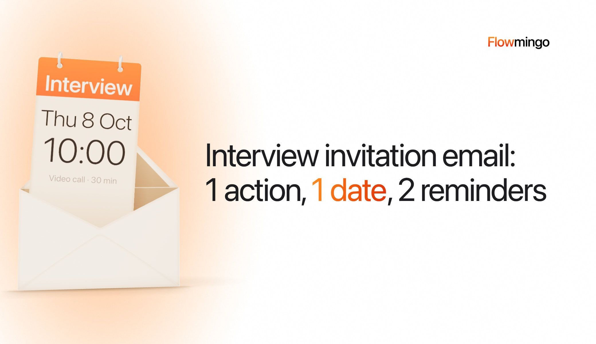 Interview invitation email: an open white envelope with a calendar card rising out of it, printed Interview, Thu 8 Oct, 10:00