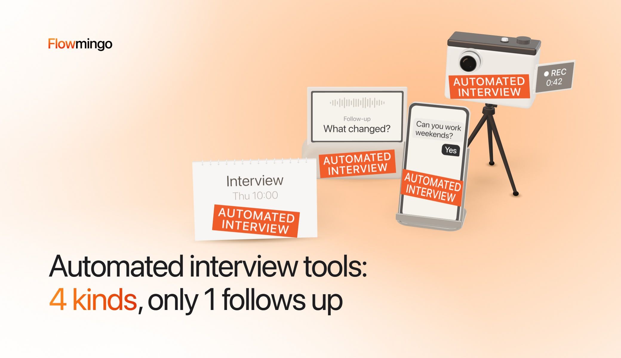 Automated interview tools: a desk calendar booking an interview for Thu 10:00, a smart display asking the follow-up What changed?, a phone chat asking Can you work weekends? and a camera on a tripod recording, all 4 white or cream and wearing the same…