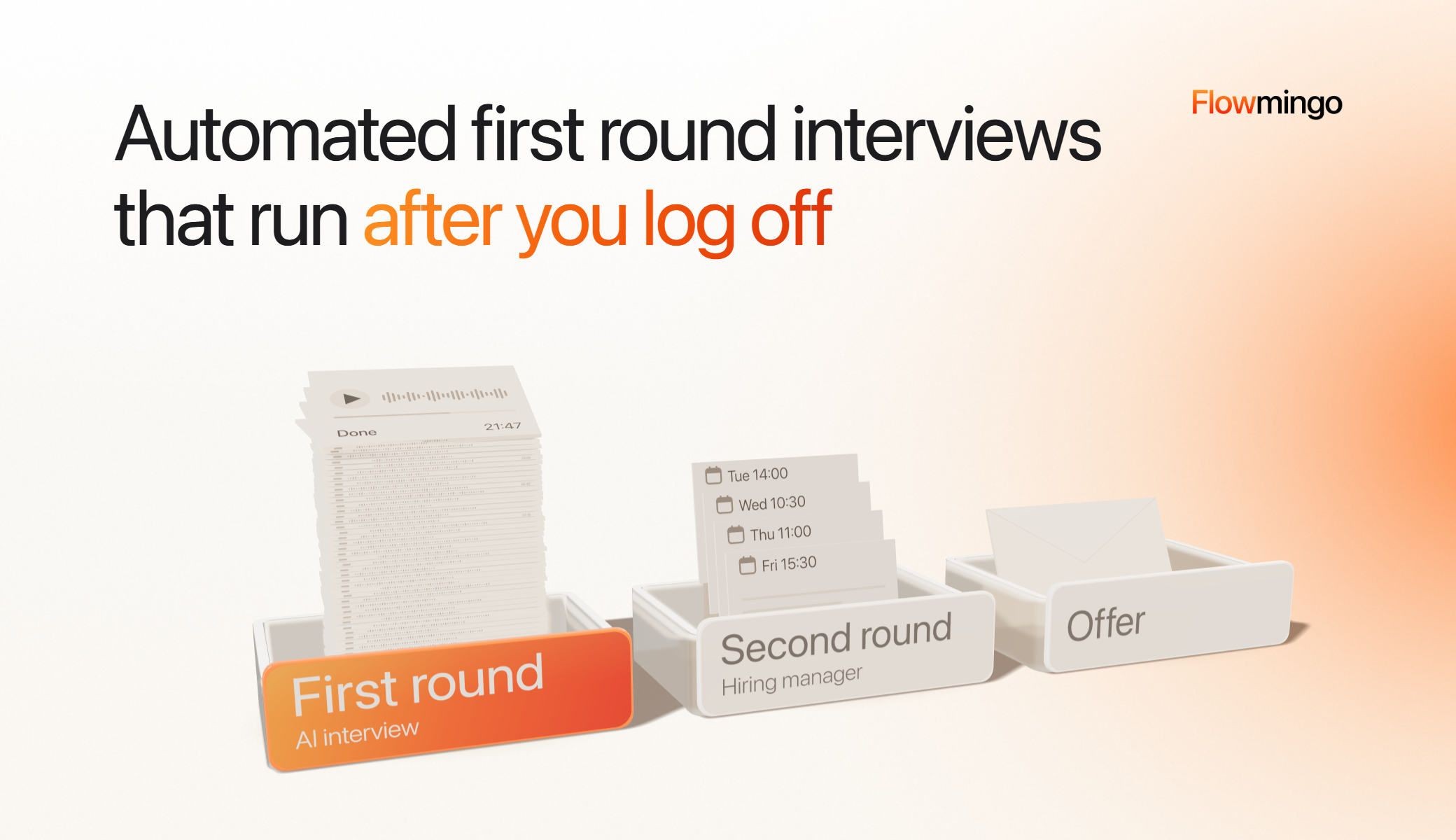 Automated first round interviews cover: 3 white trays in a row. The orange First round, AI interview tray holds a stack of finished recordings, the top one marked Done at 21:47; the Second round, Hiring manager tray holds calendar cards from Tue 14:00…