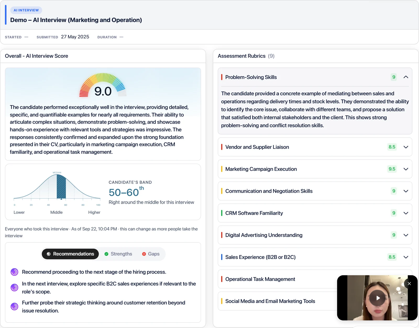 Sample report from a Flowmingo AI interview: an overall score of 9.0, a rating for each of 9 criteria, the candidate's band among everyone who took the interview, recommendations and the recording
