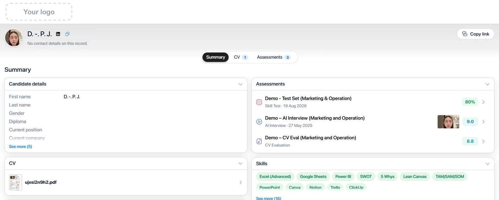 Sample candidate page with the agency's logo slot, the candidate shown as initials, no contact details, and scores for a skill test, an AI interview and a CV evaluation