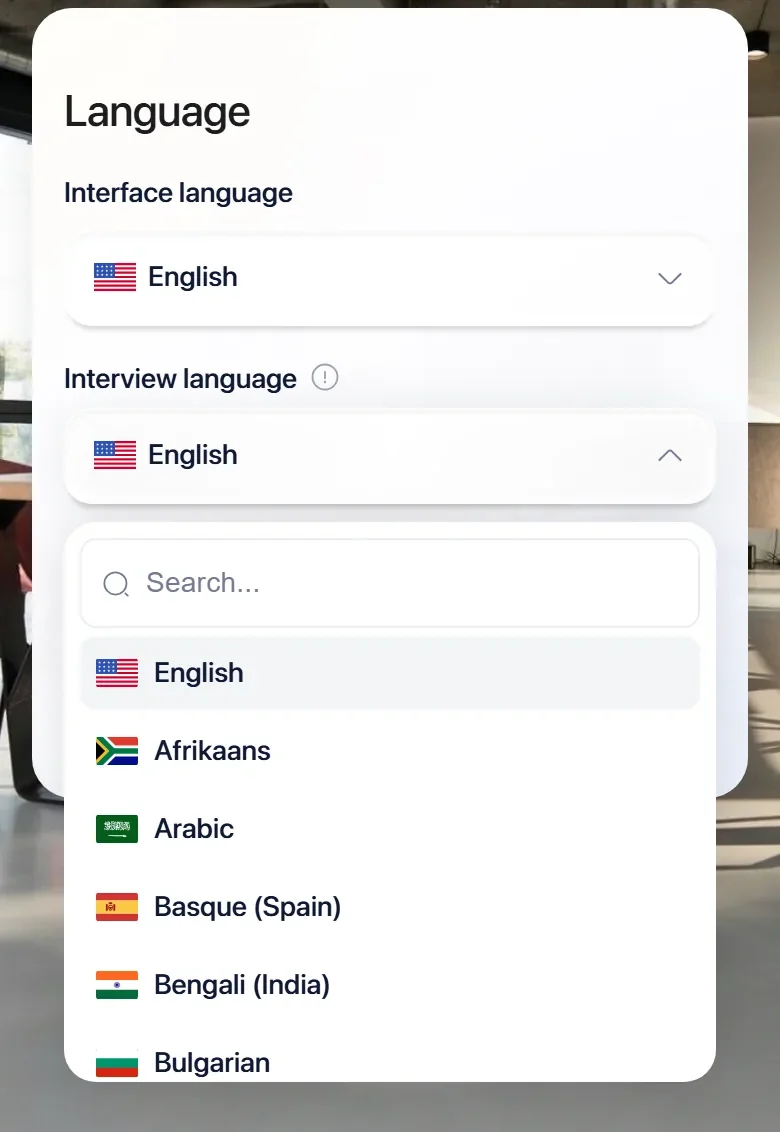 A Flowmingo interview on a phone: the applicant chooses the interface language and the interview language from a searchable list, from English to Bulgarian.