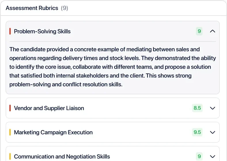 A Flowmingo AI interview report: the assessment rubric, with the first criterion, Problem-Solving Skills, scored 9 and opened to show its written reason, and the next criteria with their scores.