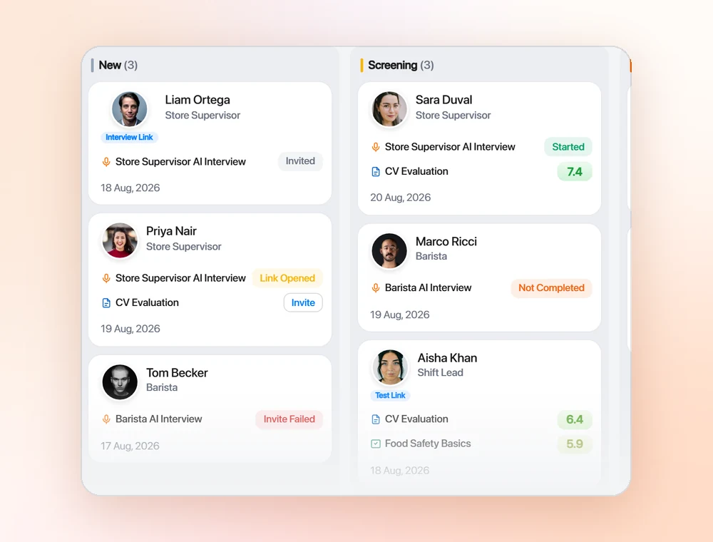 Flowmingo's sample hiring pipeline, with applicants in New and Screening stages. Cards show interview invitation status and CV assessment scores.