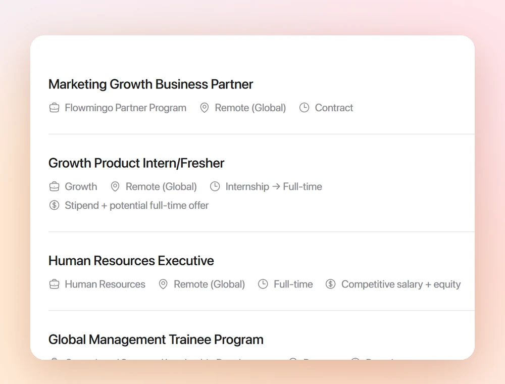 Open roles, from the Flowmingo careers page.