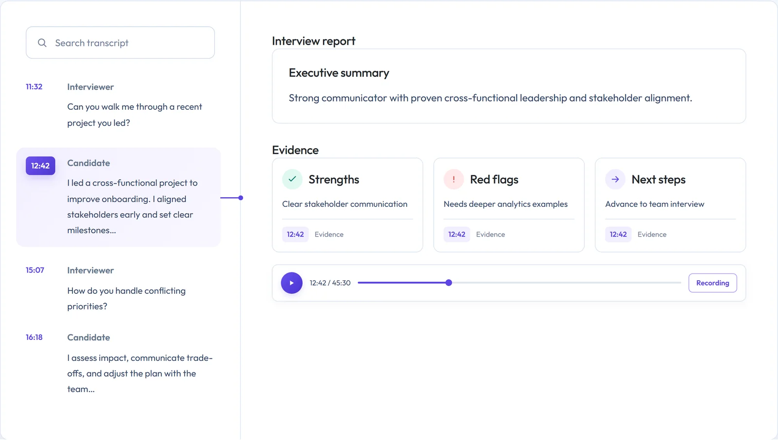 InterviewFlowAI's Notetaker report: a searchable transcript beside an executive summary, strengths, red flags and next steps