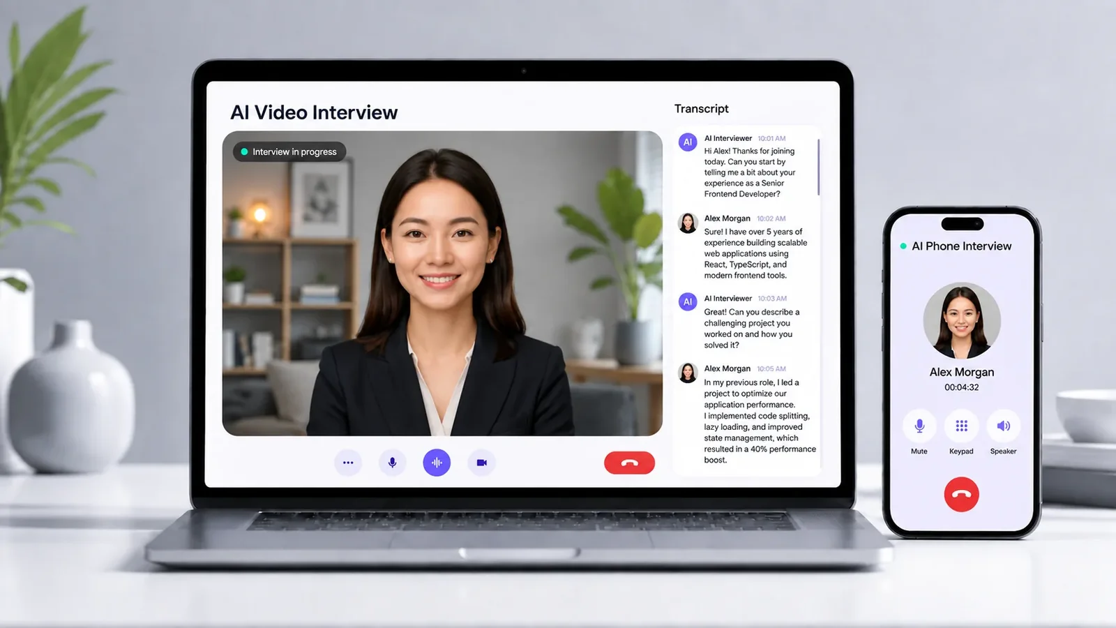 InterviewFlowAI's AI interview: a video interview with a live transcript on a laptop, and an AI phone interview on a phone