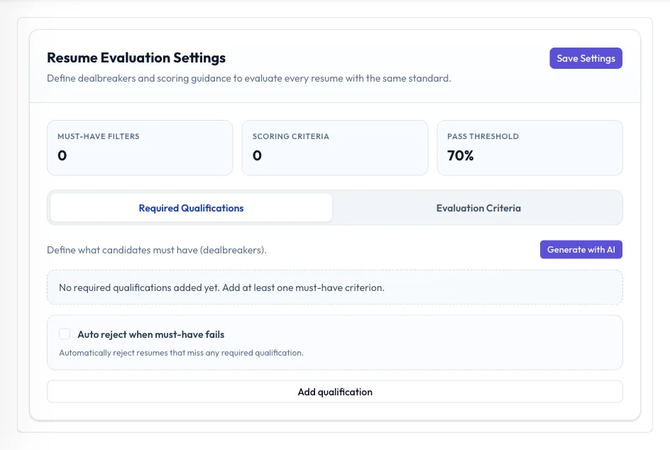 InterviewFlowAI's Resume Evaluation Settings: must-have filters, scoring criteria, a 70% pass threshold and an auto-reject option
