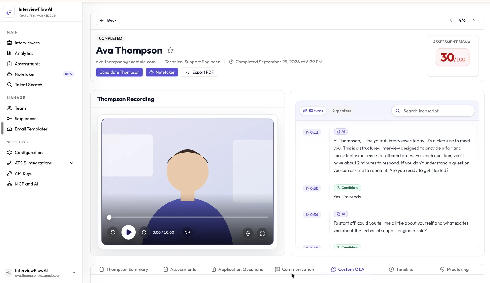 InterviewFlowAI's candidate report: the recording, a searchable transcript and tabs for summary, assessments, communication and proctoring