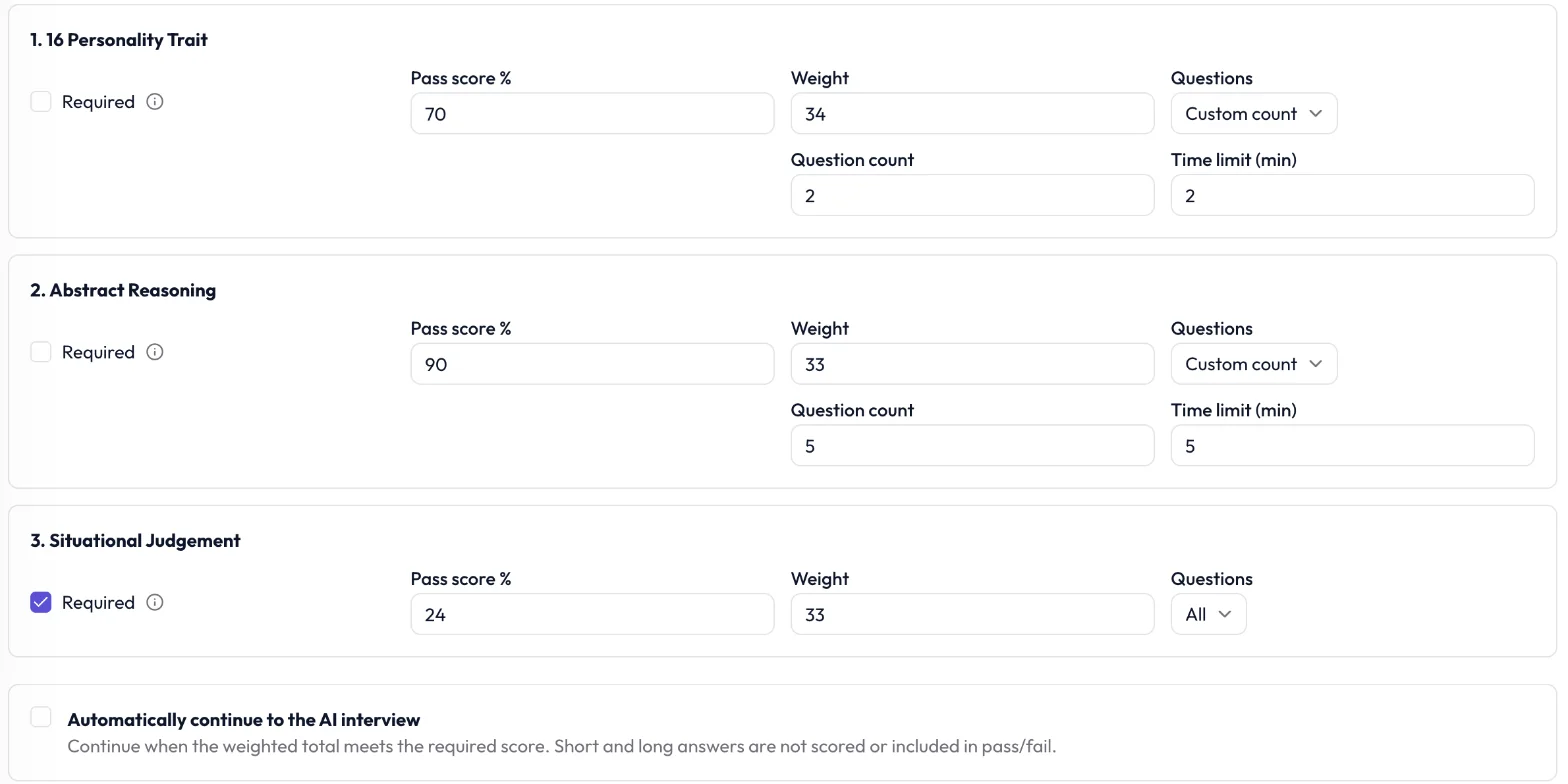 InterviewFlowAI's assessment flow: a pass score, weight and question count for 3 tests, and an option to continue to the AI interview
